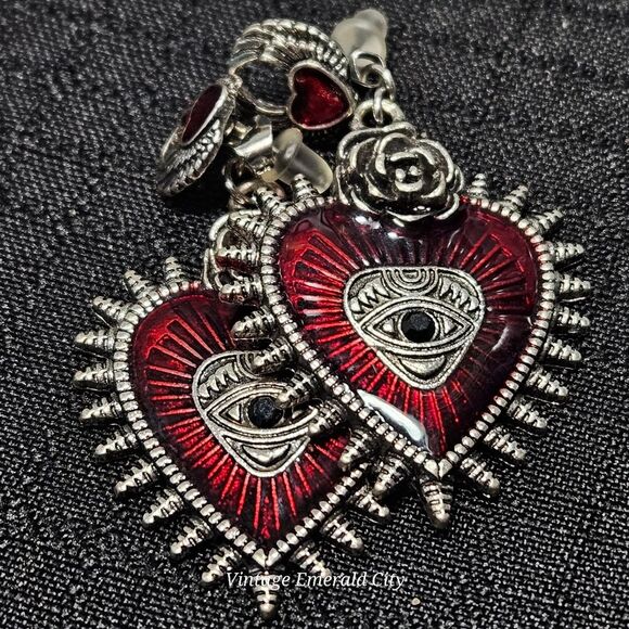 Love All Seing Dangle Earrings Rose & Heart Spikes Mystical Eye Red Enamel Goth - Picture 15 of 15